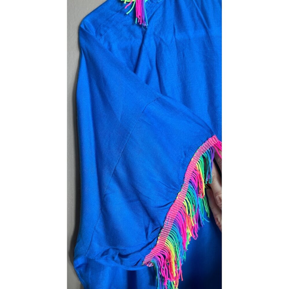 Tribal Ethnic Maxi Tunic Blue Colorful Neon Fringe V-Neck Unisex Costume Size M - Picture 5 of 6